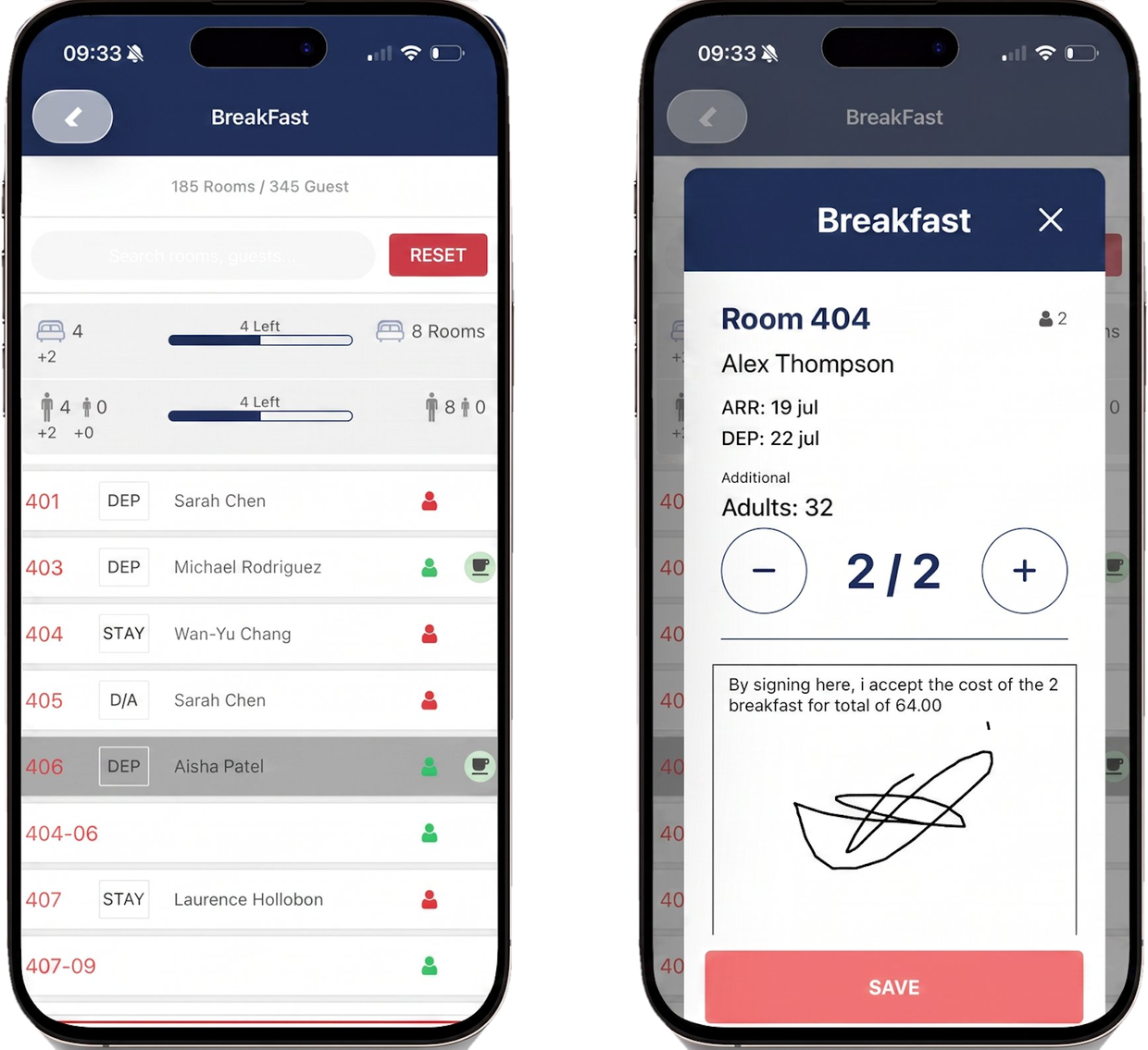 The MyBreakfast app: breakfast check-in room list and guest signature screen